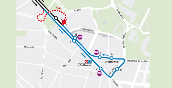 Mapa de la prolongación de las líneas de autobús 57 y 157 de TMB hasta Collblanc.