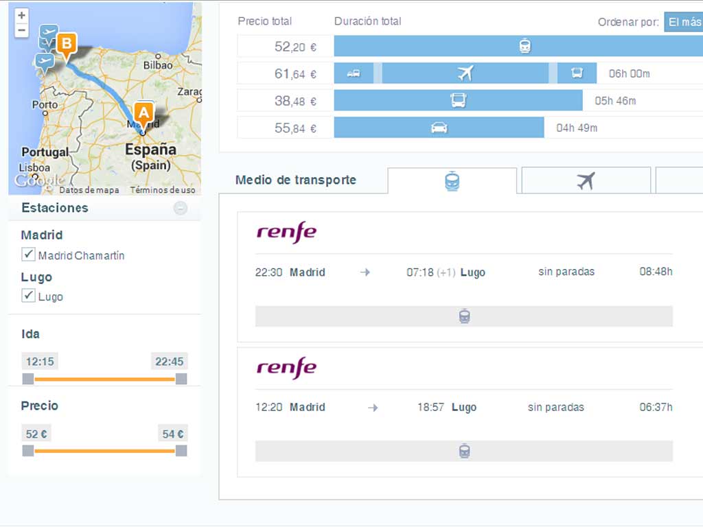 GoEuro calcula precios y duración de los viajes en un solo tipo de transporte o en varios.