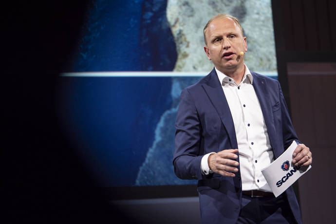 Henrik Henriksson, presidente y CEO de Scania, durante su intervención.