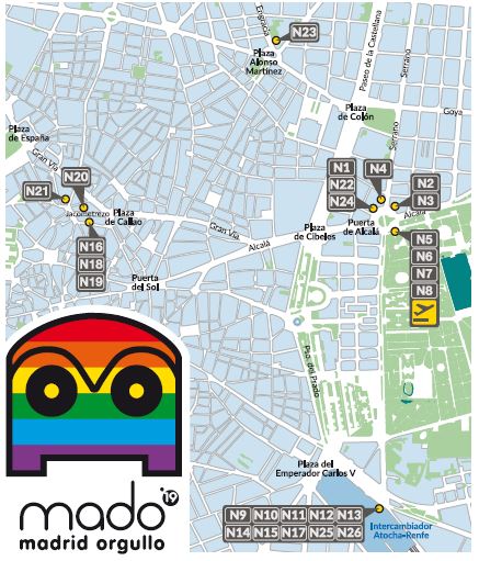 Reubicaciones de la EMT de Madrid por las fiestas del Orgullo.