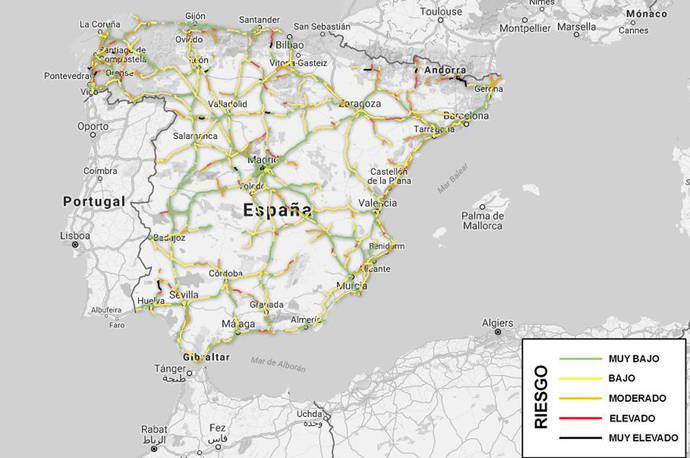 Mapa que muestra el nivel de riesgo en nuestras carreteras.