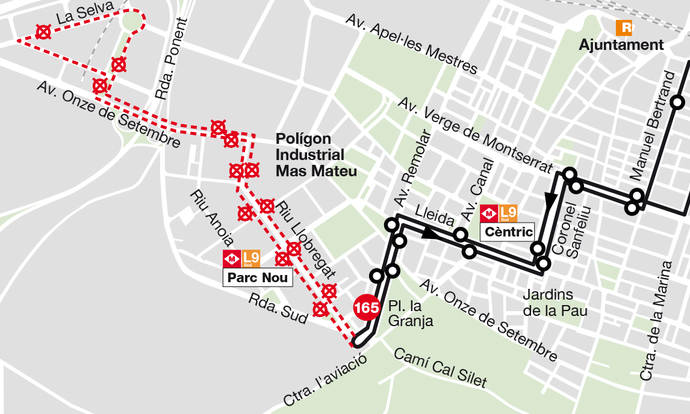 El trayecto de la línea 165 a partir del día 25 de julio (en negro).