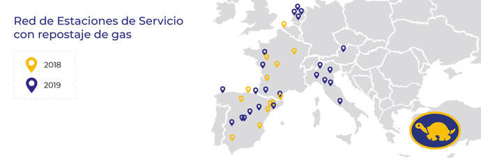 Mapa de las estaciones de servicio para repostar gas de Red Tortuga.