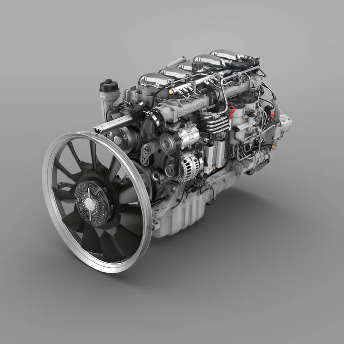 Los motores DC09 y DC13 actualizados proporcionan un ahorro de combustible de hasta un 2%, basándose en una baja fricción interna, turbos de geometría fija actualizados y componentes auxiliares inteligentes.