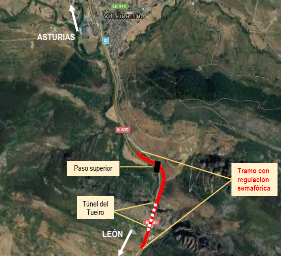 Afecciones al tráfico en la N-630 en Villamanín por obras de conservación del paso superior sobre la línea ferroviaria León-Gijón
